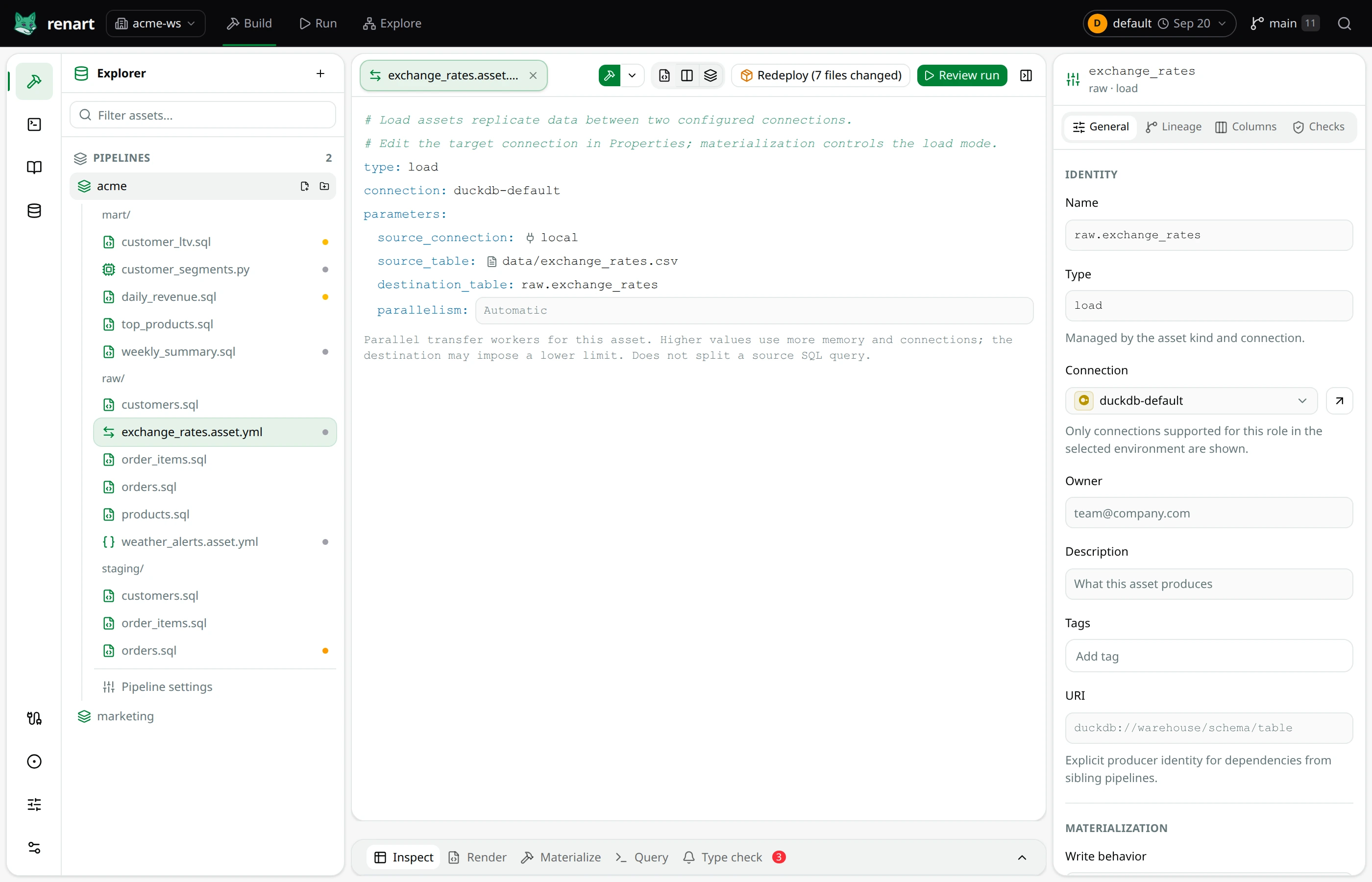 Renart Load asset editor with source, destination and loading options