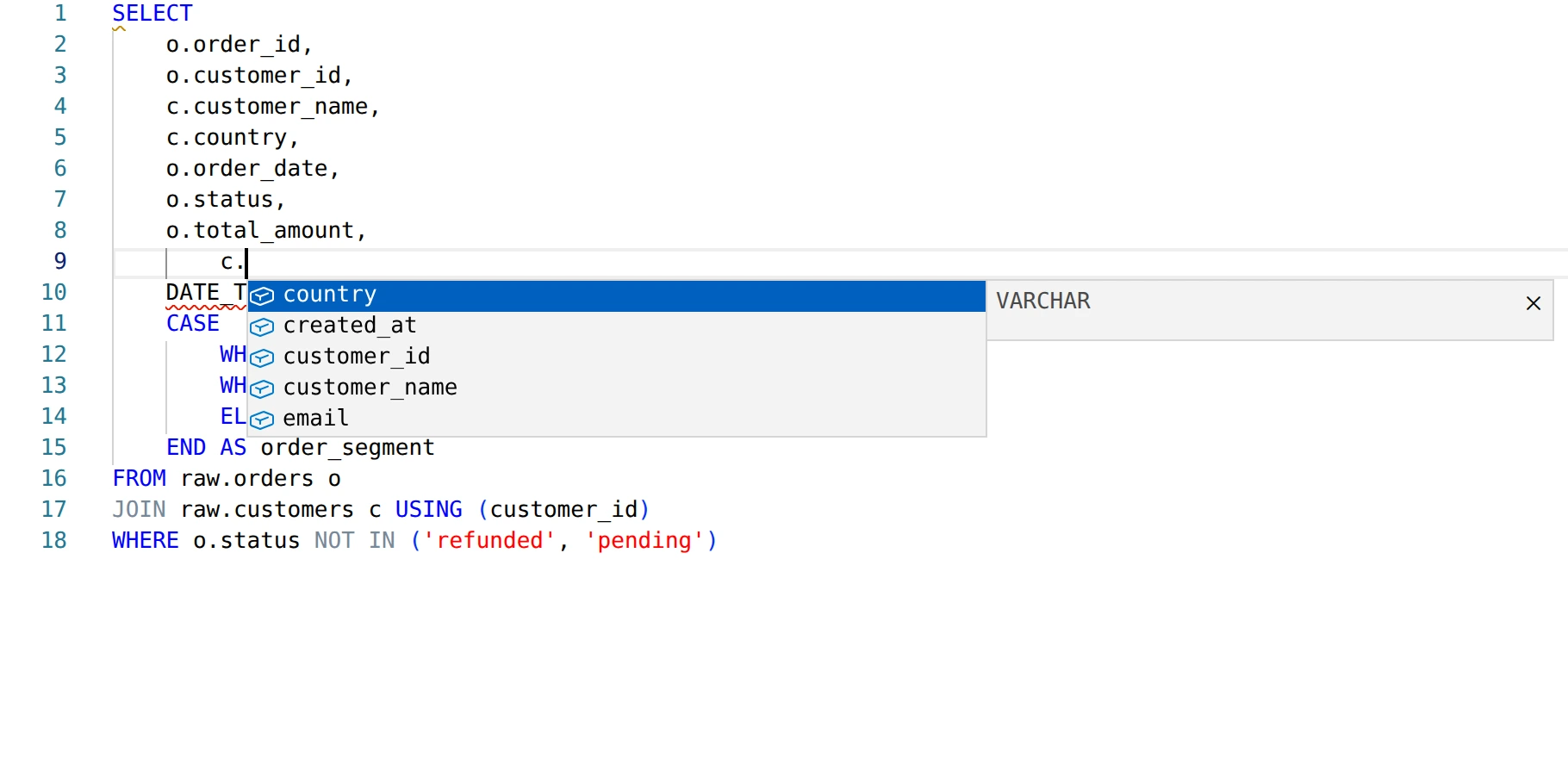 SQL completion in Renart suggesting customer columns and their types from an upstream asset